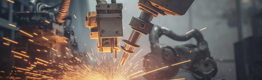 Industrial robots are welding automotive part in factory