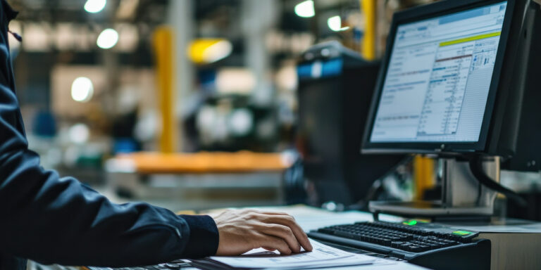 Worker's hands checking digital documentation. Shop floor kiosk with computer: smarter manufacturing processes