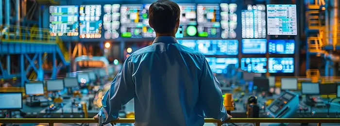 A manager in a control room filled with monitors displaying real-time data from the plant floor.